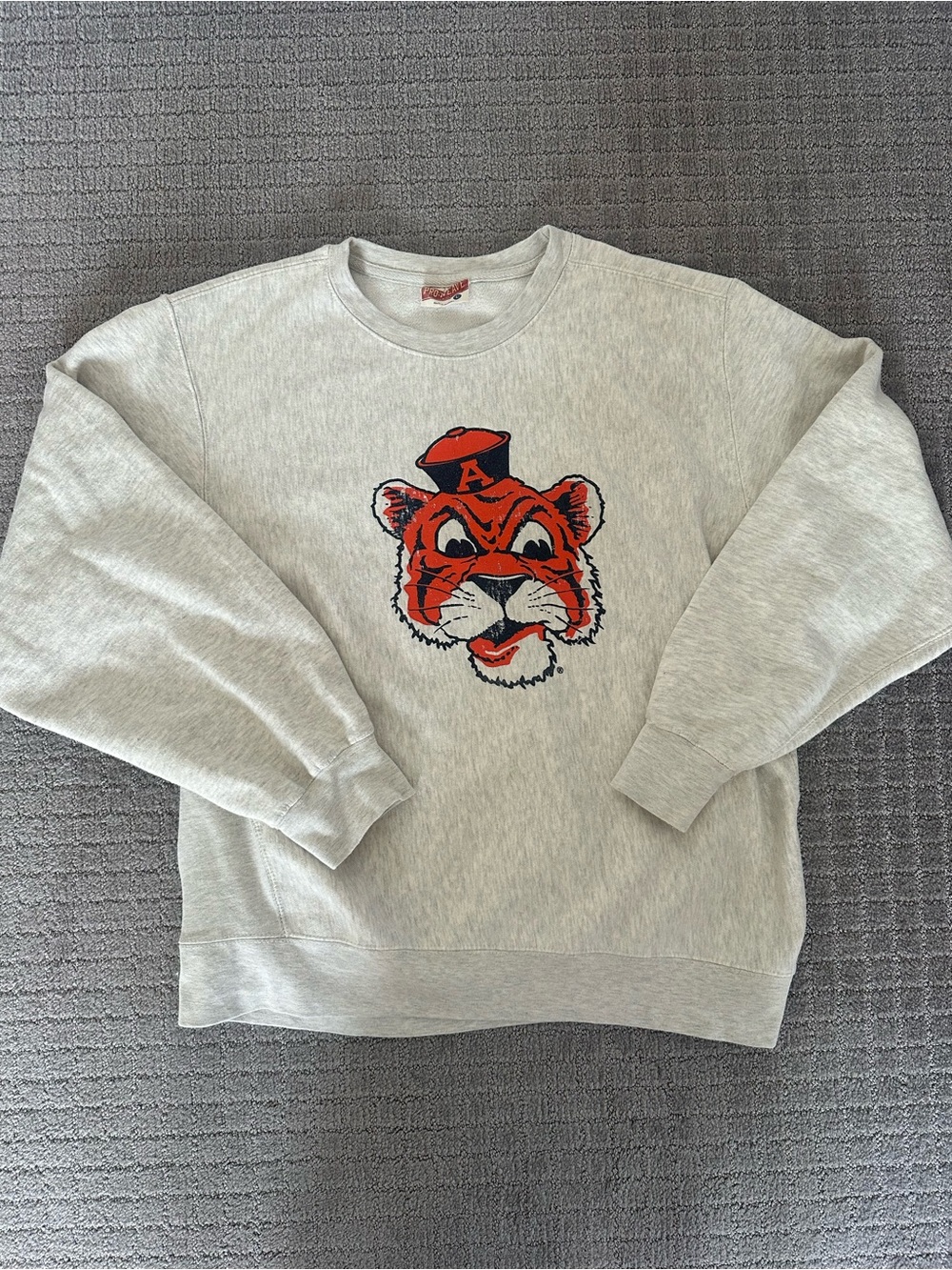 Vintage Tiger Crest Crewneck Sweatshirt - Gray with Orange Graphic